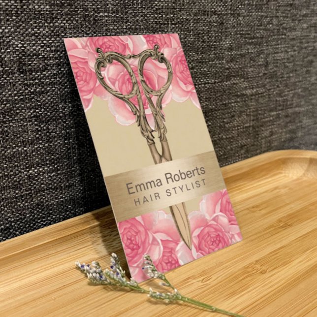 Hair Stylist Antique Scissor Cream & Rosa Blommigt Visitkort (Skapare uppladdad)