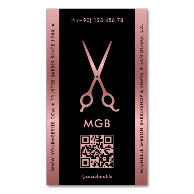 Hair Stylist Barber Black Rosa Rosegold Scissors Magnetiska Visitkort (Framsida vertikal)