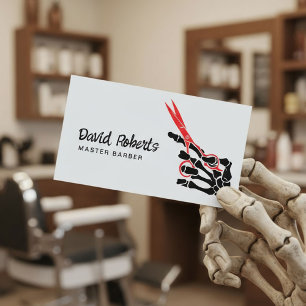 Hair Stylist Barber Skeleton Hand & Red Scissor Visitkort