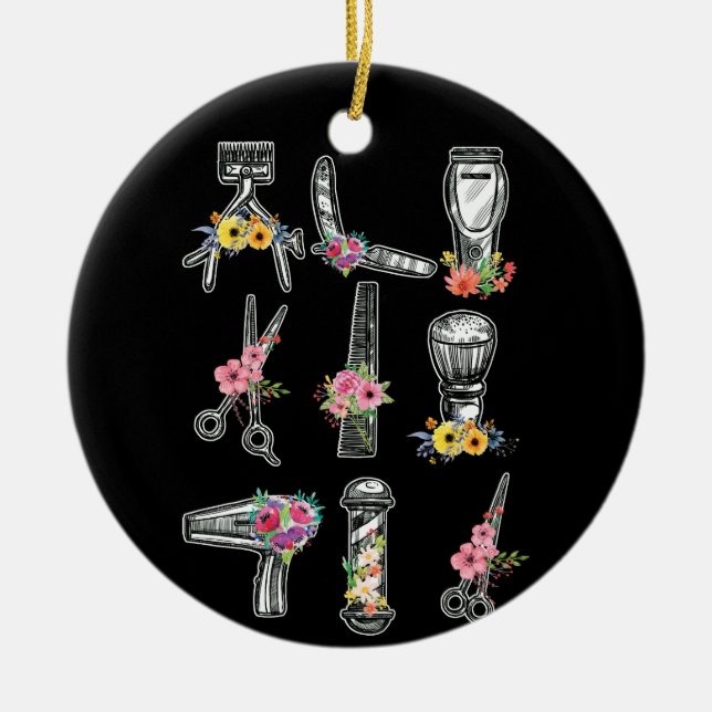 Hair Stylist Barber Verktyg Blommigt Julgransprydnad Keramik (Framsidan)