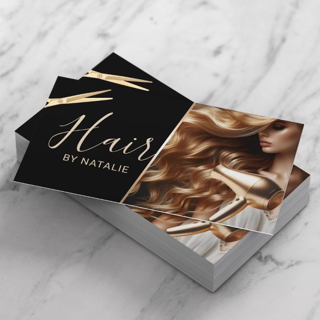 Hair Stylist Beauty Girl Photo Black & Guld Salon Visitkort (Skapare uppladdad)