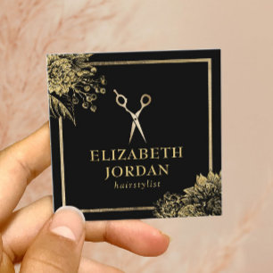 Hair Stylist Beauty Salon Black & Guld Botanical Fyrkantigt Visitkort