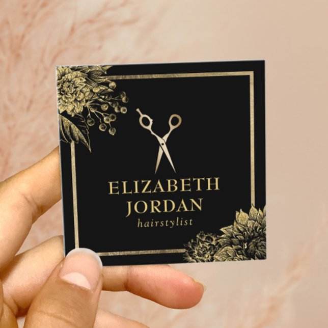 Hair Stylist Beauty Salon Black & Guld Botanical Fyrkantigt Visitkort (Skapare uppladdad)