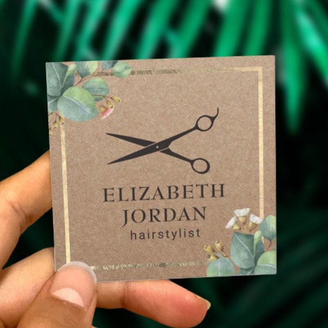 Hair Stylist Beauty Salon Foliage Rustic Kraft Fyrkantigt Visitkort (Skapare uppladdad)
