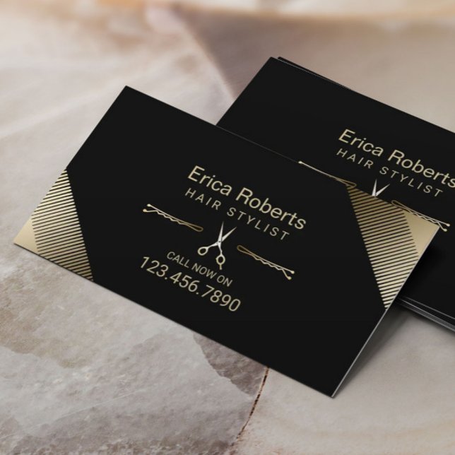 Hair Stylist Beauty Salon Modern Black & Guld Visitkort (Skapare uppladdad)