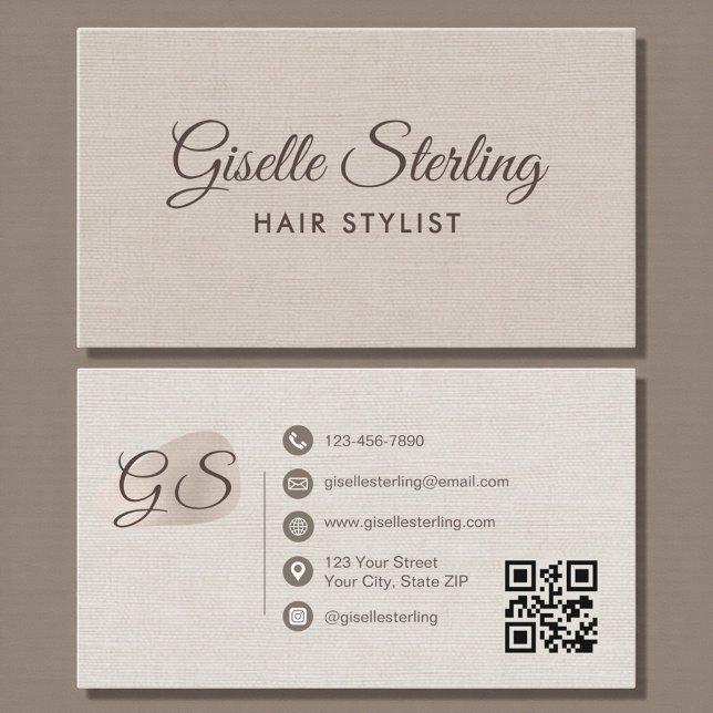 Hair Stylist Beige Linen Modern Elegant QR Code Visitkort (Skapare uppladdad)