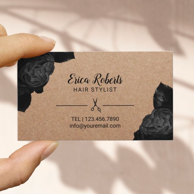 Hair Stylist Black Blommigt Rustic Kraft Möte Tidsbeställning Kort (Skapare uppladdad)