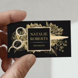 Hair Stylist Black & Guld Blommigt Beauty Salon Visitkort