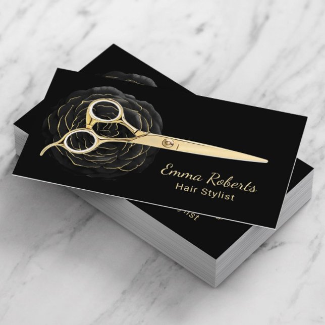 Hair Stylist Black & Guld Blommigt Beauty Salon Visitkort (Skapare uppladdad)