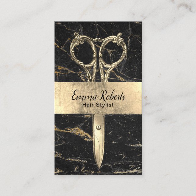 Hair Stylist Black & Guld Marble Salon Möte Tidsbeställning Kort (Framsida)
