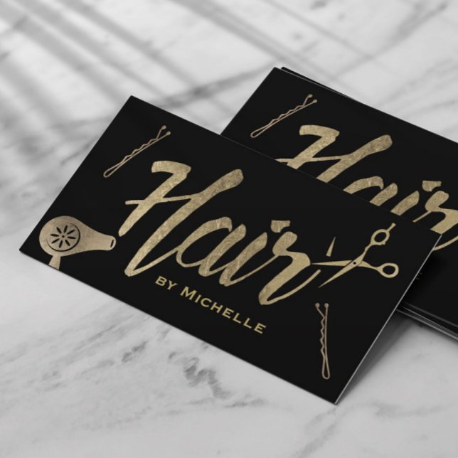 Hair Stylist Black & Guld Typography Beauty Salon Visitkort (Skapare uppladdad)