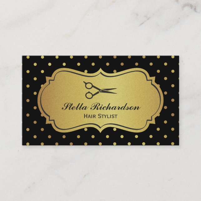 Hair Stylist - Black och Guld Glitter Polka dots Visitkort (Framsida)