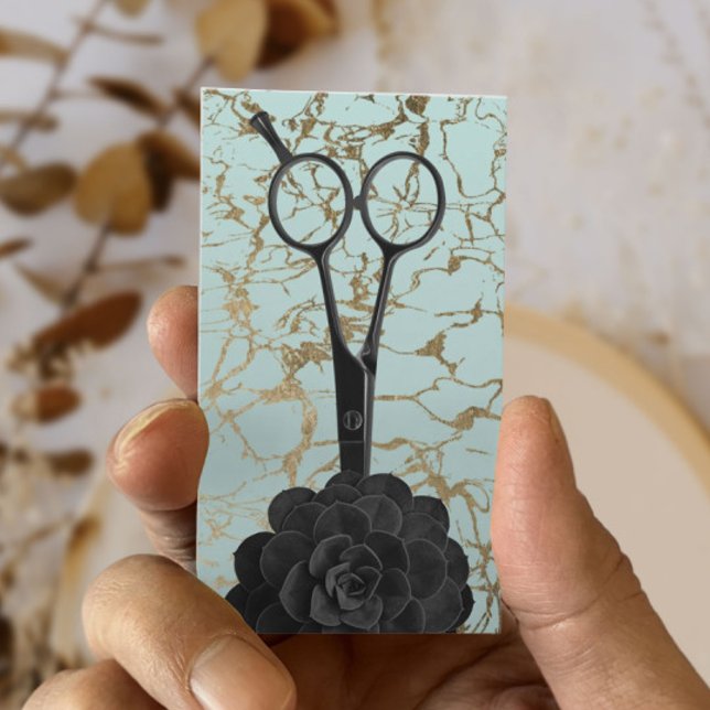 Hair Stylist Black Scissor Mint & Guld Marble Visitkort (Skapare uppladdad)