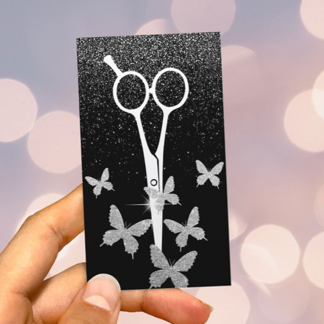 Hair Stylist Butterflies & Scissor Silver Confetti Visitkort (Skapare uppladdad)