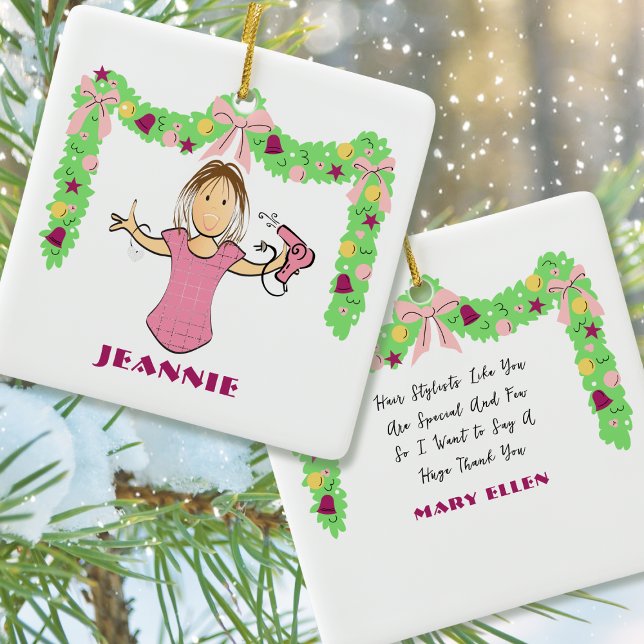 Hair Stylist Cartoon Funny Thank You Christmas Julgransprydnad Keramik (Skapare uppladdad)