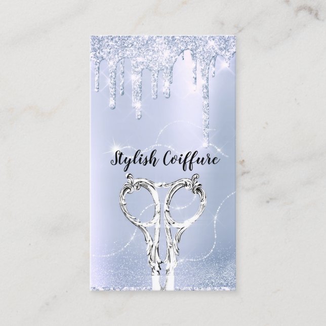 Hair Stylist Drip Glitter Coiffure Silver Scissor Visitkort (Framsida)