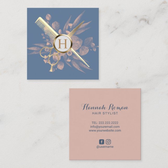 Hair Stylist Dusty Blue & Rosa Botanical Salon Fyrkantigt Visitkort (Fram/baksida)