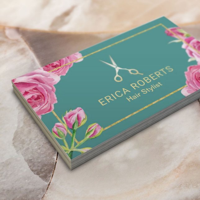 Hair Stylist Elegant Blommigt Guld Scissor Salon Visitkort (Skapare uppladdad)