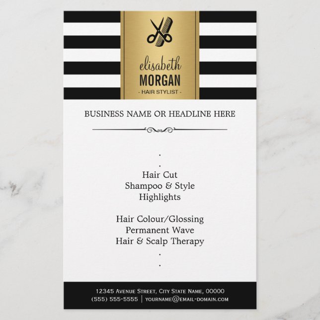 Hair Stylist Elegant Guld Black White Rand Flygblad (Framsidan)