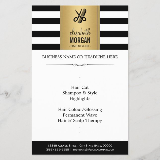 Hair Stylist Elegant Guld Black White Rand Flygblad (Framsidan)