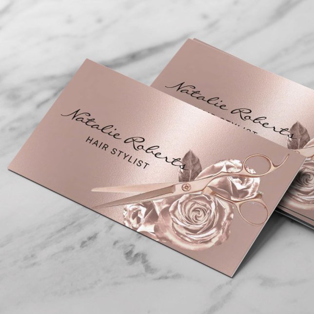Hair Stylist Elegant Ro Guld Sissor & Flowers Visitkort (Skapare uppladdad)