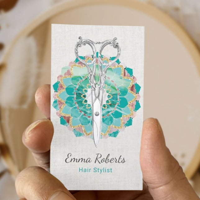 Hair Stylist Elegant Scissor Mandala Flower Salon Visitkort (Skapare uppladdad)