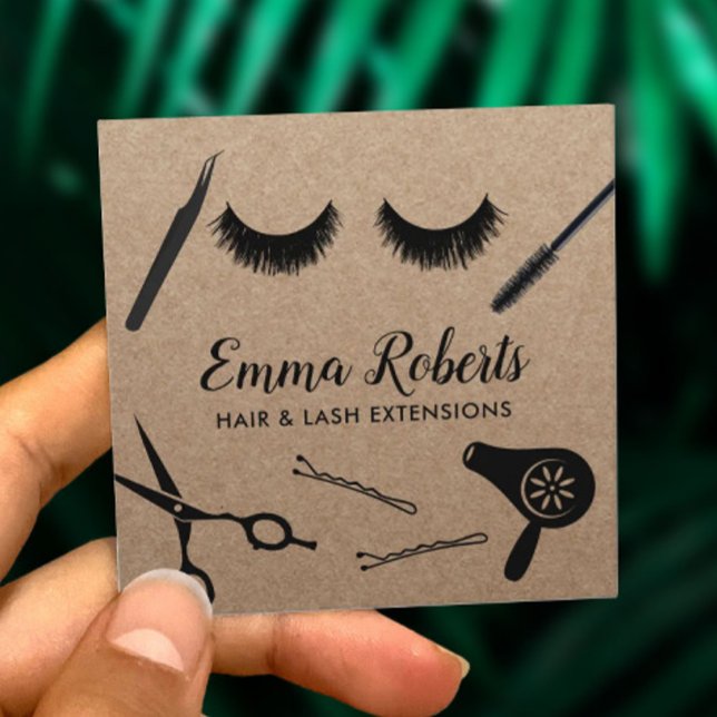 Hair Stylist & Eyelash Extensions Rustic Salon Fyrkantigt Visitkort (Skapare uppladdad)