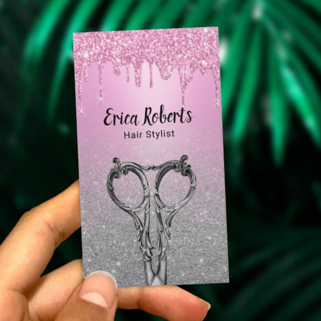 Hair Stylist Girly Rosa Drips Silver Glitter Salon Visitkort (Skapare uppladdad)