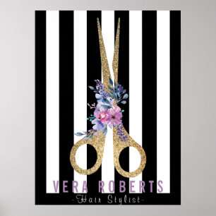 Hair Stylist Glitter Scissor & Beauty Stripe Poster