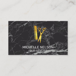 Hair Stylist Golden Shears Comb Svart marmor Visitkort