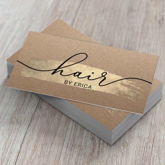 Hair Stylist Guld Brush Stroke Salon Rustic Kraft Visitkort (Skapare uppladdad)