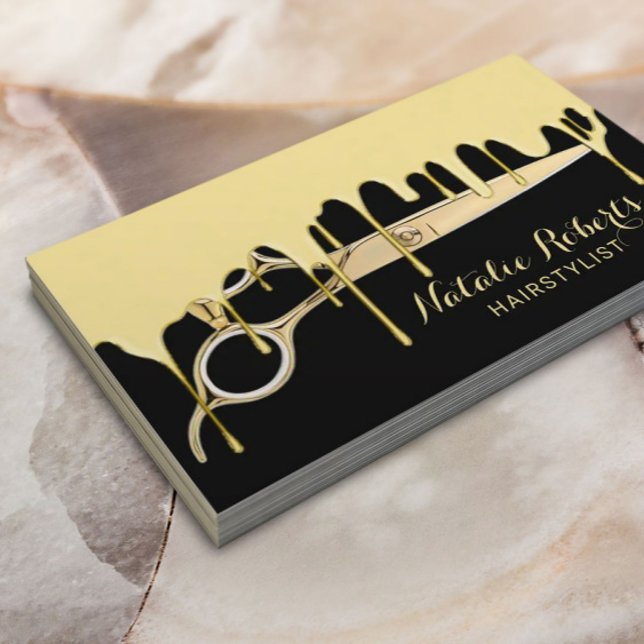 Hair Stylist Guld - Dripping Golden Scissor Salon Visitkort (Skapare uppladdad)
