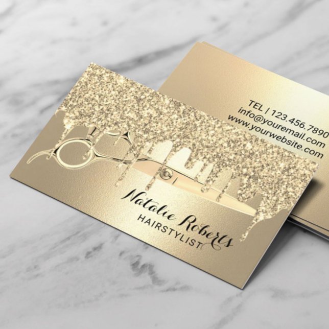 Hair Stylist Guld Glitter Drips Beauty Salon Visitkort (Skapare uppladdad)