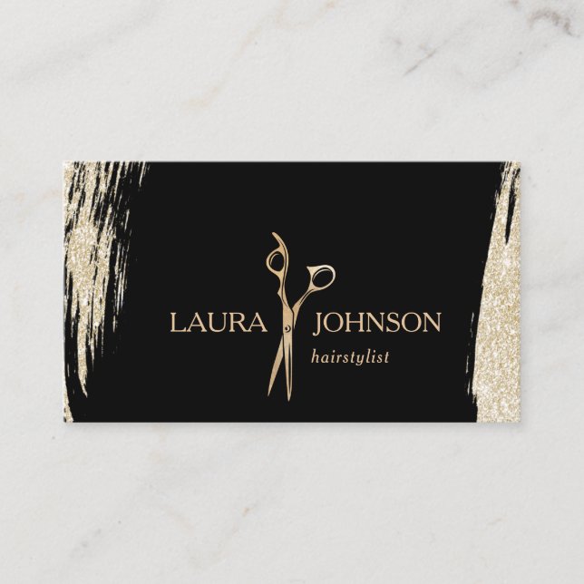 Hair Stylist Guld Glitter Splatter Scissors Visitkort (Framsida)
