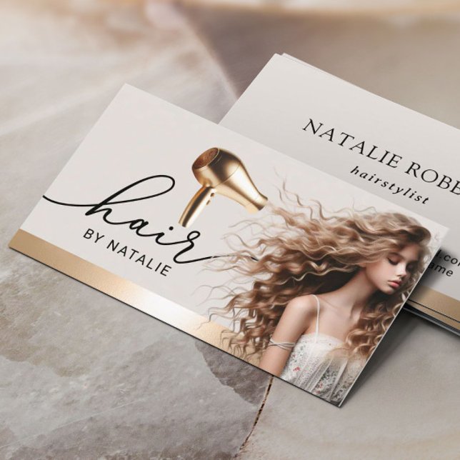 Hair Stylist Guld Hair Dryer Beauty Girl Salon Visitkort (Skapare uppladdad)