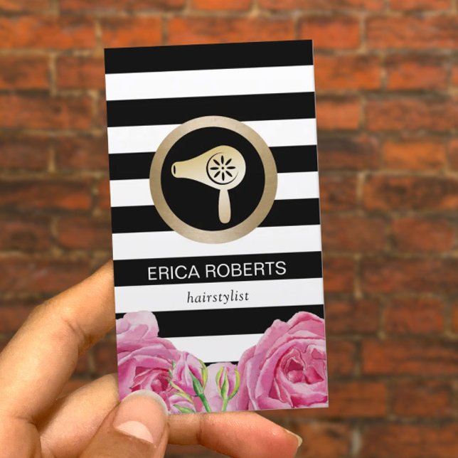 Hair Stylist Guld Hair Dryer Modern Rand Blommigt Visitkort (Skapare uppladdad)
