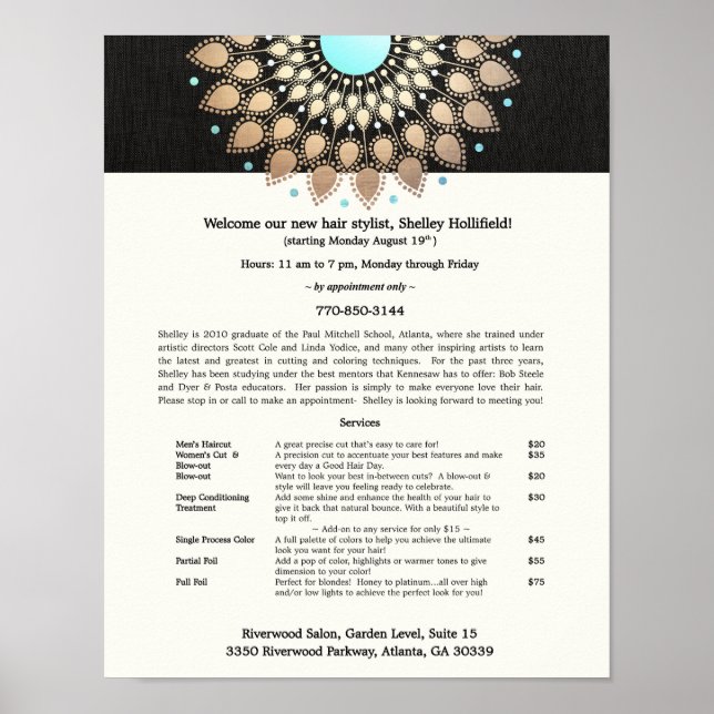 Hair Stylist Guld Ornate Motif Black Linen-utseend Poster (Framsidan)