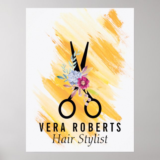 Hair Stylist Guld Scissor & Beauty Salon blommigt Poster (Framsidan)