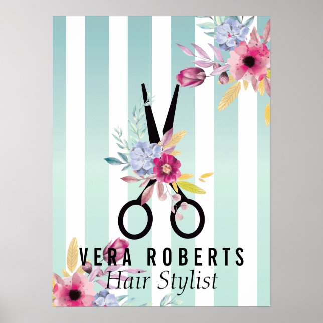 Hair Stylist Guld Scissor & Beauty Stripe blommigt Poster (Framsidan)