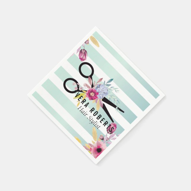 Hair Stylist Guld Scissor Blommigt Stripe Pappersservett (Hörn)