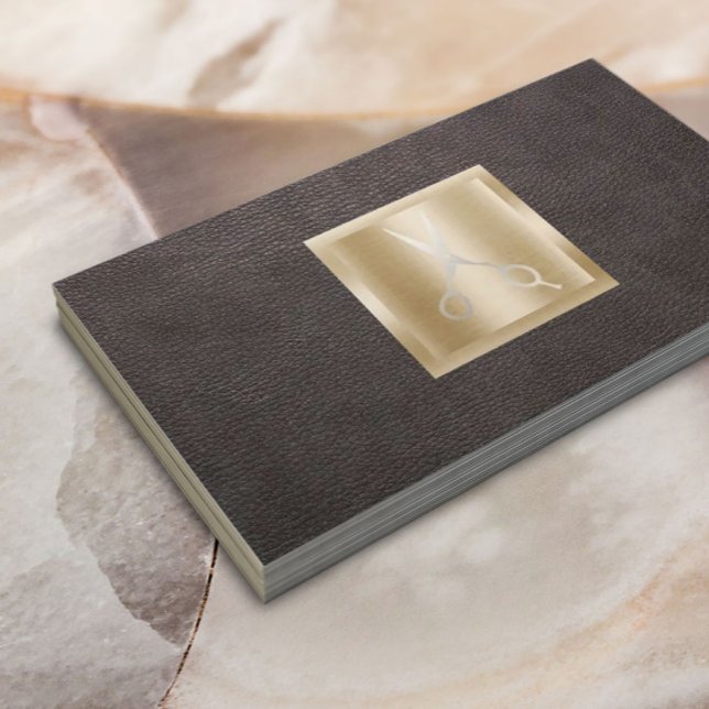 Hair Stylist Guld Scissor Logotyp Classy Leather Visitkort (Skapare uppladdad)