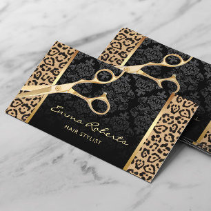 Hair Stylist Guld Scissor Modern Leopard Salon Visitkort