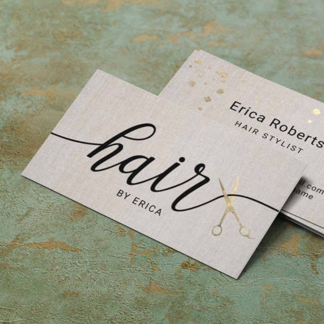 Hair Stylist Guld Scissor Typography Elegant Linen Visitkort (Skapare uppladdad)
