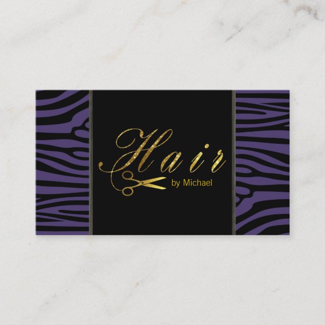 Hair Stylist Guld Scissors Skript Modern Zebra #6 Visitkort (Framsida)