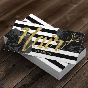 Hair Stylist Guld Script Modern Black Blommigt Visitkort