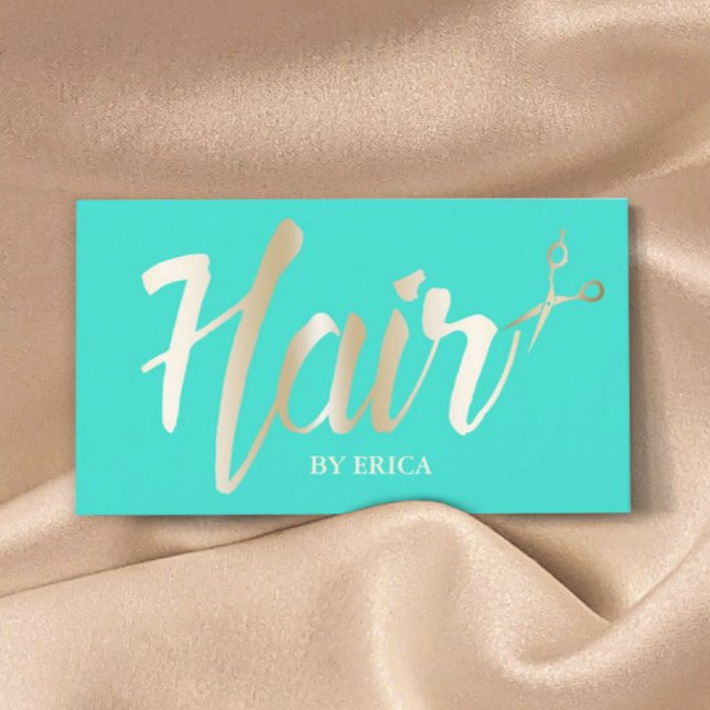 Hair Stylist Guld Script Modern Turcos Visitkort (Skapare uppladdad)