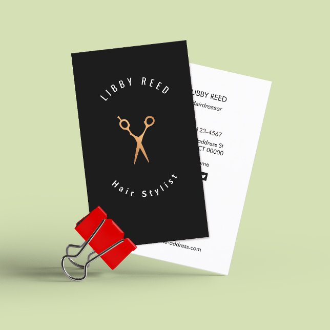 Hair Stylist Guld Sissors Simple Modern Black Visitkort (Skapare uppladdad)