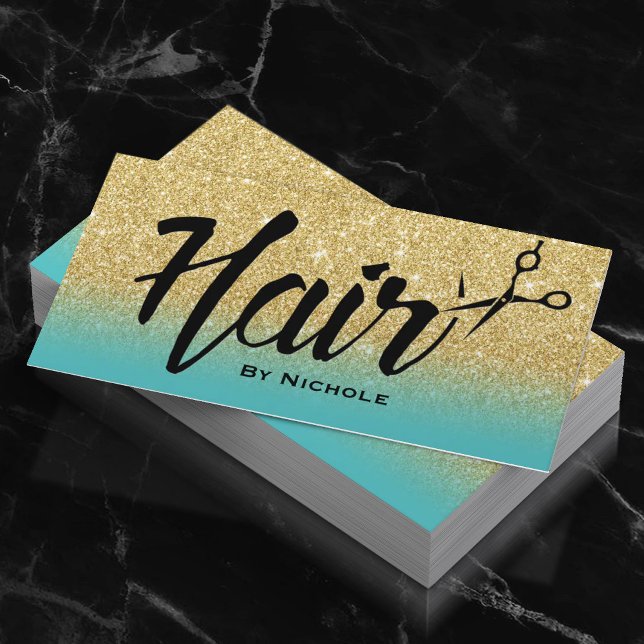 Hair Stylist Guld & Turquise Glitter Möte Tidsbeställning Kort (Skapare uppladdad)