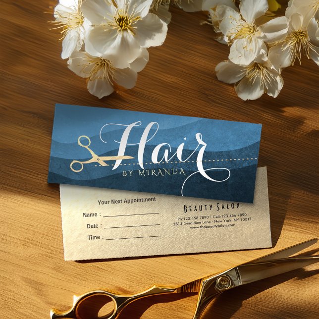 Hair Stylist Hairdresser Beauty Blue Guld Scissors Litet Visitkort (Skapare uppladdad)