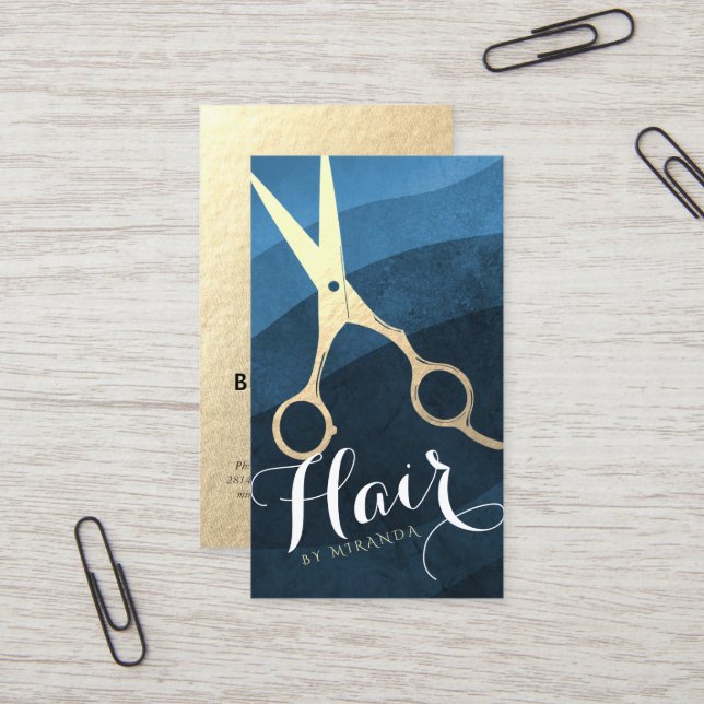 Hair Stylist Hairdresser Beauty Blue Guld Scissors Visitkort (Fram/Back In Situ)